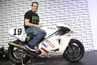 John McGuinness on the Steve Hislop Norton he will ride in the Isle of Man Steam Packet sponsored parade lap