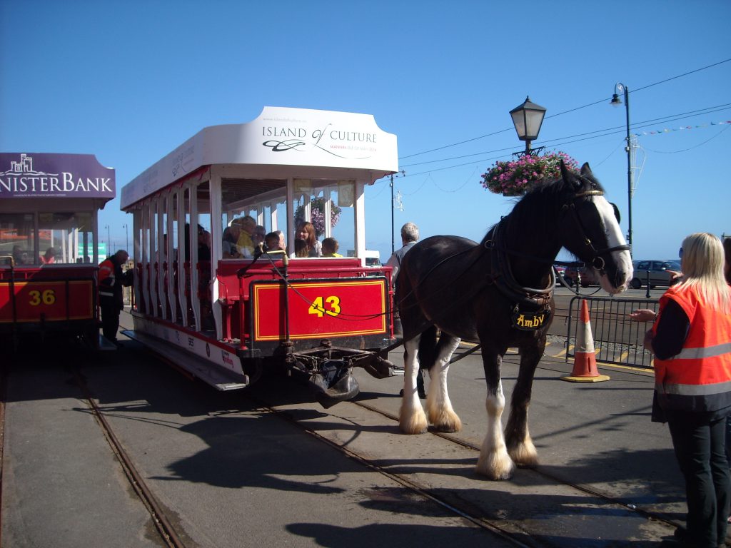 Image of horse tram ready to depart along Douglas prom on a sunny summer day 