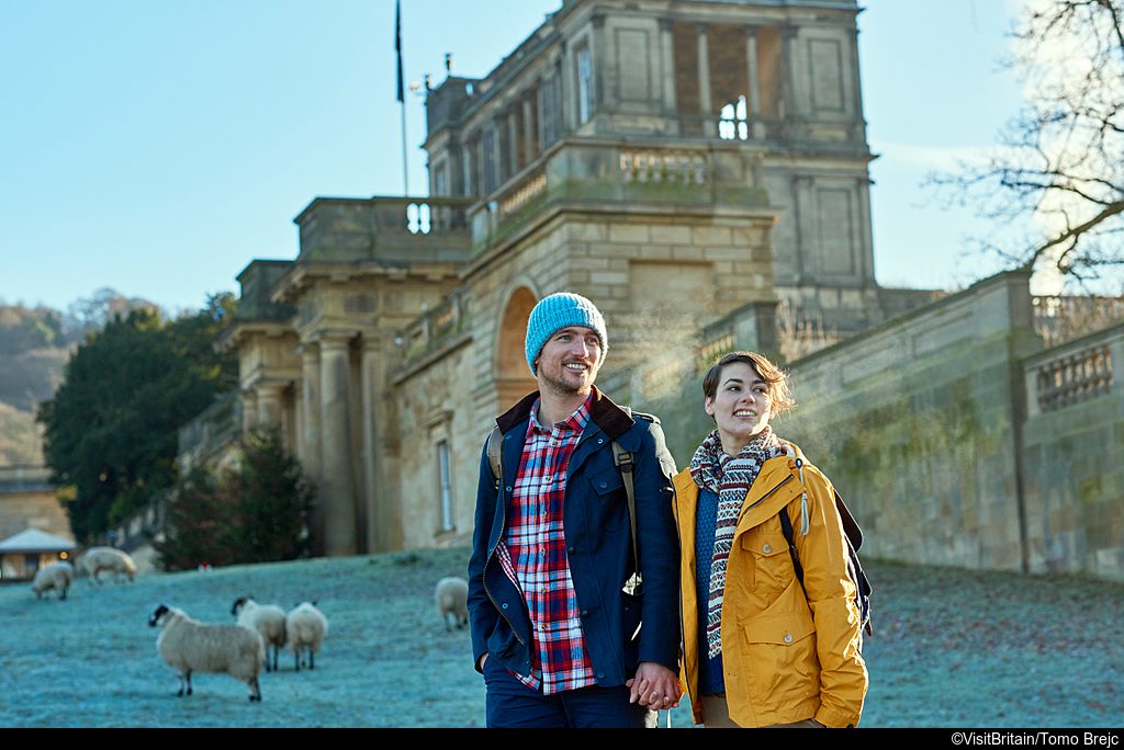 Couple walking around Chatsworth gardens on a frosty day. photo credit to Visit Britain. 