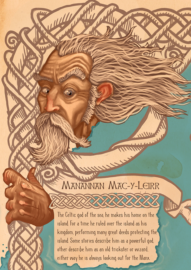 A close up of Manannan Mac-y-Leirr on Manannan's Map of Fantastical Folk of the Isle of Man, an illustrated poster detailing characters of Manx folklore drawn by Manx Illustrator Juan Moore. Photo shows drawing of Manannan, a Celtic God, plus description of him. 