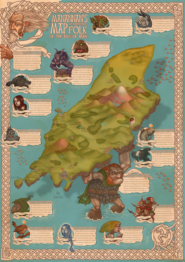 A photo of Manannan's Map of Fantastical Folk of the Isle of Man, an illustrated poster detailing characters of Manx folklore drawn by Manx Illustrator Juan Moore.