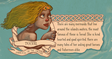 A close up of Teeval on Manannan's Map of Fantastical Folk of the Isle of Man, an illustrated poster detailing characters of Manx folklore drawn by Manx Illustrator Juan Moore. Photo shows drawing of Teeval, a mermaid, plus description of her. 