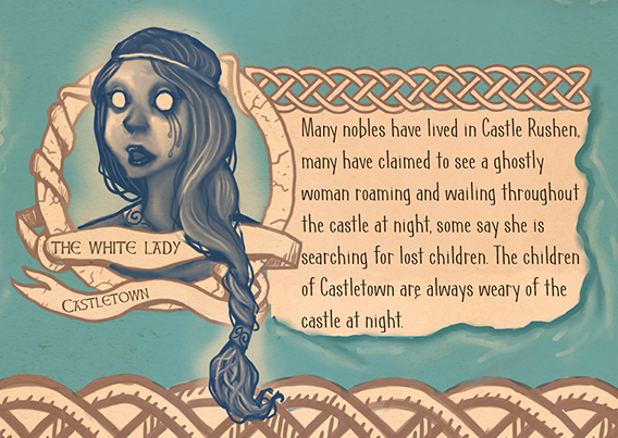 A close up of The White Lady on Manannan's Map of Fantastical Folk of the Isle of Man, an illustrated poster detailing characters of Manx folklore drawn by Manx Illustrator Juan Moore. Photo shows drawing of The White Lady, a ghost, plus description of her. 