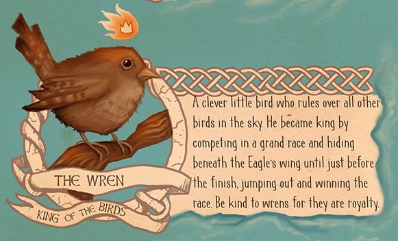 A close up of The Wren on Manannan's Map of Fantastical Folk of the Isle of Man, an illustrated poster detailing characters of Manx folklore drawn by Manx Illustrator Juan Moore. Photo shows drawing of The Wren, a bird, plus description of him. 
