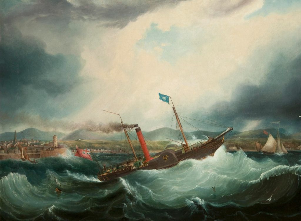 A painting of Steam Packet Company vessel Mona's Isle in choppy waters by artist Samuel Walters 