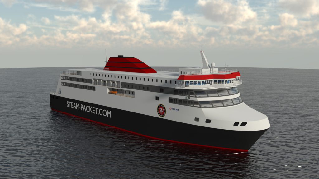 A computer-aided design of the Steam Packet Company's new white, red and black vessel called Manxman in calm waters against a cloudy blue sky 