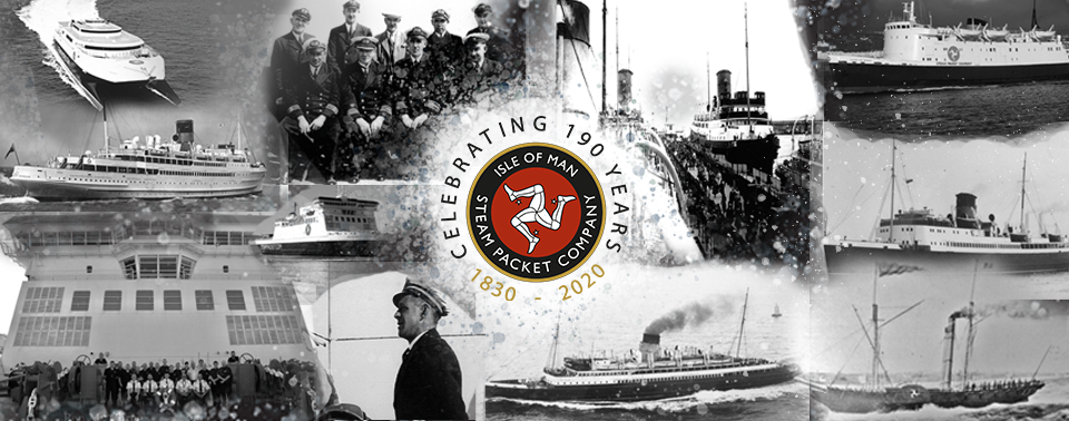 A montage of black and white photos of Steam Packet Company vessels with a red and gold Steam Packet Company 190th anniversary logo centred in the middle 