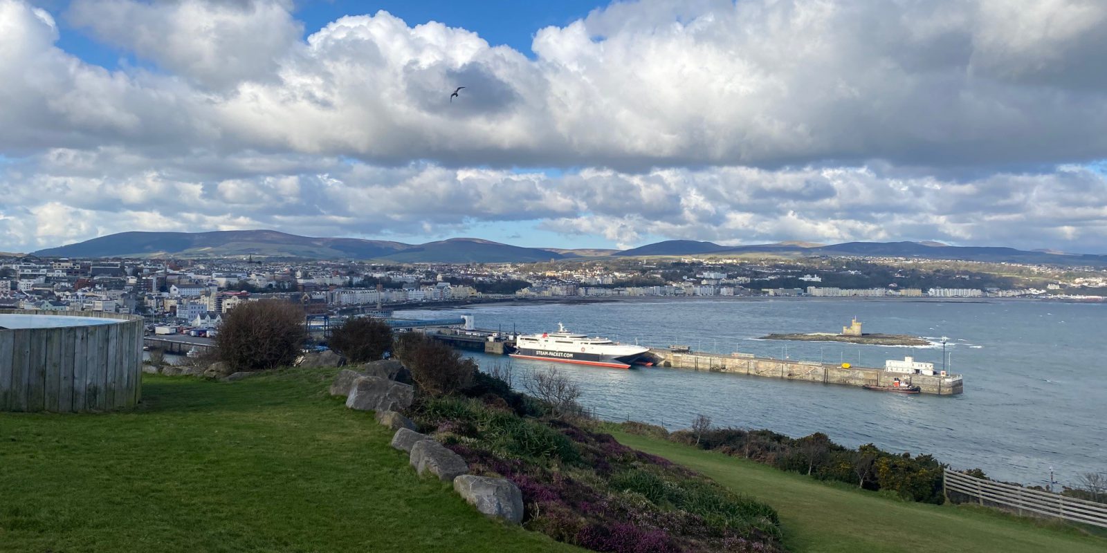 Photo from Douglas Head with green grass in the foreground and Steam Packet Company vessel Manannan in Douglas Harbour