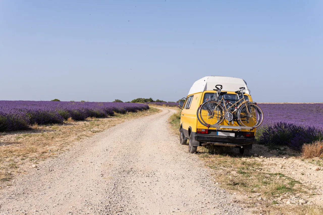A campervan in Lavender Fields in Provence, France