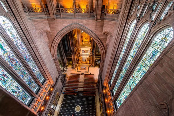 Image from inside Liverpool Cathedral looking down on main area